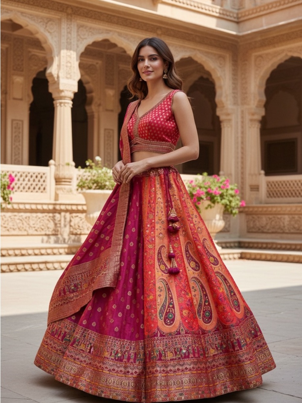 Women's Pink & Orange Printed Lehenga Skirt - Traditional Ethnic Wear